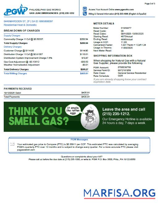 Printable USA Philadelphia Gas Works utility bill template in Word and PDF formats, 3 pages. 3rd page